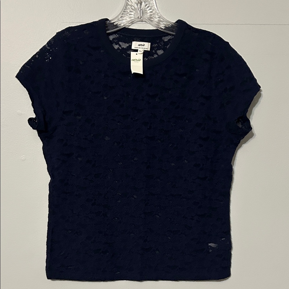 Aerie Navy Lace Short Sleeve sheer Tee shirt. Cap sleeve. Med. NWT.